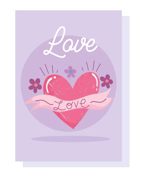 Любовь романтические симпатичные цветы сердца лента карикатурный дизайн карт — стоковый вектор