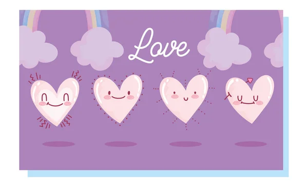 Amor corazones románticos arco iris nube decoración dibujos animados tarjeta de diseño — Vector de stock