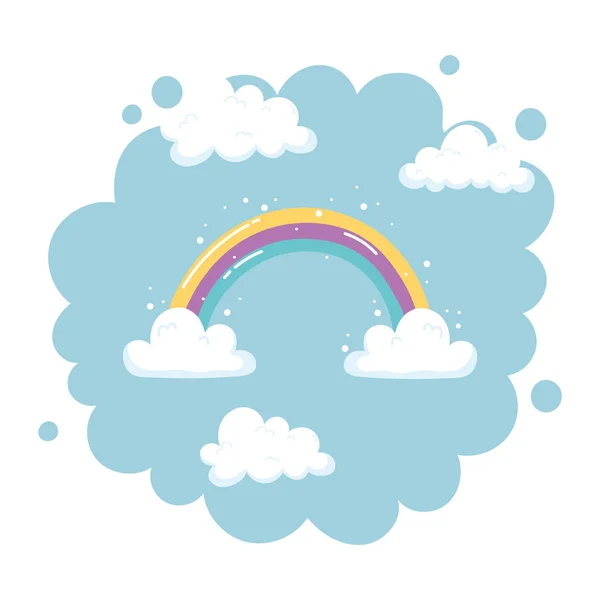 Arco iris brillante con nubes cielo naturaleza dibujos animados decoración — Vector de stock