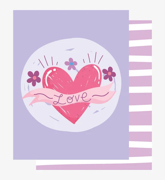 Szerelem romantikus szív szalag virágok rajzfilm kártya grunge design — Stock Vector