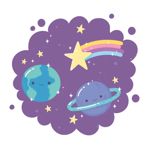 Cartoon planetas terra saturno tiro estrela estrelas roxo fundo decoração — Vetor de Stock