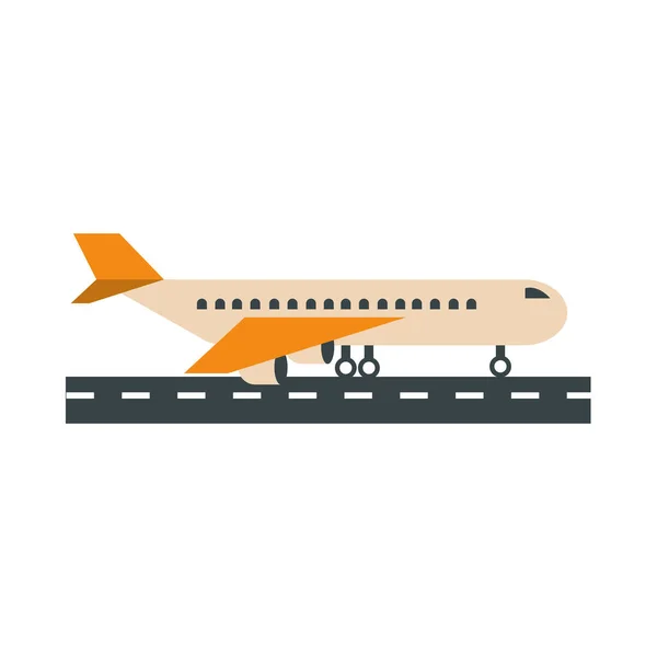 Aviones del aeropuerto en la vista lateral de la pista, el turismo terminal de transporte de viajes o icono de estilo plano de negocios — Vector de stock
