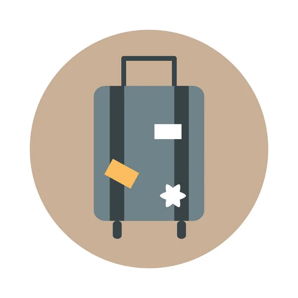 Airport suitcase with stickers, travel transport terminal tourism or business block and flat style icon — Stock Vector