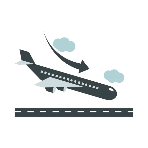Avión del aeropuerto aterrizaje en la pista de viaje terminal de transporte turístico o icono de estilo plano de negocios — Vector de stock