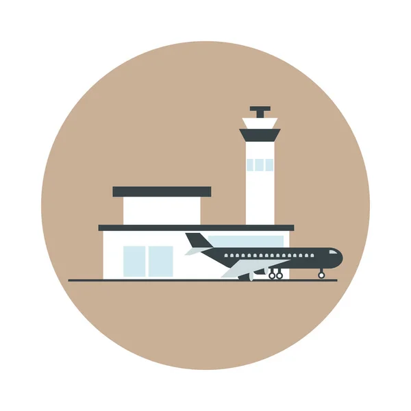 Aeropuerto avión torre de control de viajes terminal de transporte turístico o bloque de negocios y el icono de estilo plano — Vector de stock
