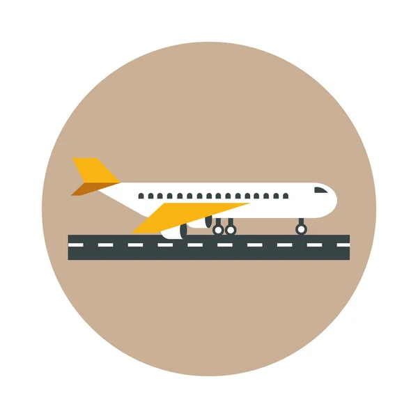 Aviones del aeropuerto en la vista lateral de la pista, el turismo terminal de transporte de viajes o bloque de negocios y el icono de estilo plano — Vector de stock