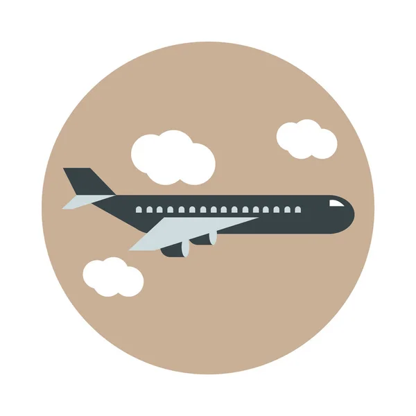 Aeroporto de aeronaves no céu, o turismo terminal de transporte de viagens ou bloco de negócios e ícone de estilo plano — Vetor de Stock