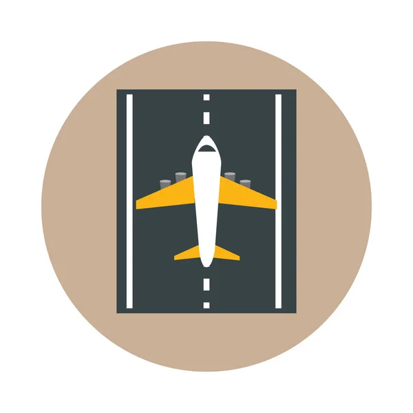 Piste de l'aéroport avec avion voyage terminal tourisme ou bloc d'affaires et icône de style plat — Image vectorielle