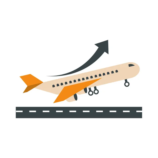 Aeropuerto despegue avión viaje terminal de transporte turístico o icono de estilo plano de negocios — Vector de stock