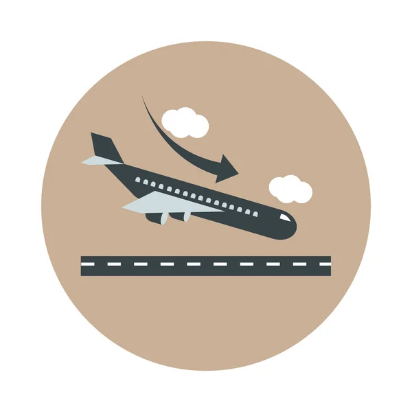 Аеропорт літак приземлення на злітно-посадковій смузі транспортний термінал туризм або бізнес-блок і значок плоского стилю — стоковий вектор