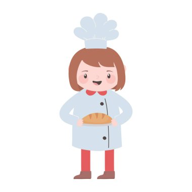 Şef kız elinde ekmek çizgi film karakteri izole edilmiş ikon tasarımı tutuyor.