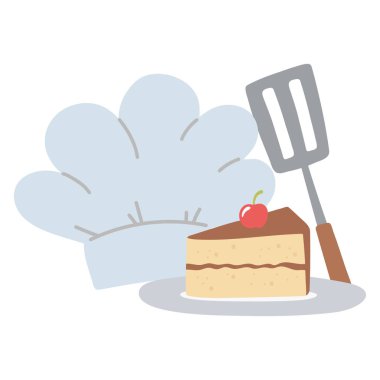 Şef şapka ve dilim pasta izole edilmiş ikon tasarımı beyaz arkaplan