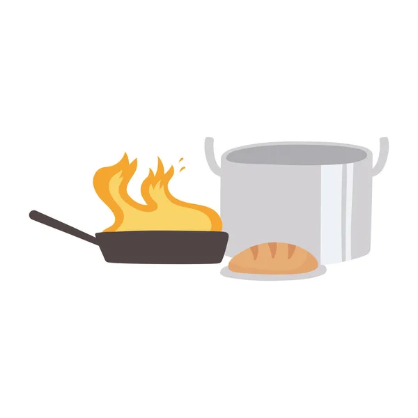 Cocina olla pan y cacerola con llama aislada icono diseño fondo blanco — Vector de stock