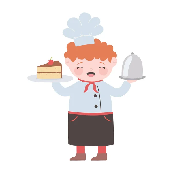 Chef fiú torta és tálca szolgáltatás rajzfilm karakter elszigetelt ikon design — Stock Vector