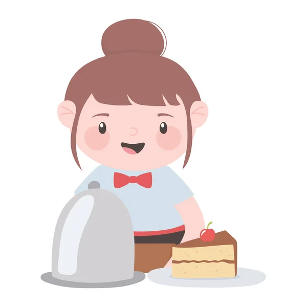 Официантка с кусочком торта и персонажем мультфильма — стоковый вектор