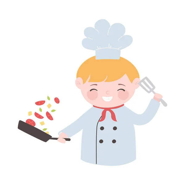 Chef-kok jongen met steelpan groenten en spatel cartoon karakter geïsoleerd pictogram ontwerp — Stockvector