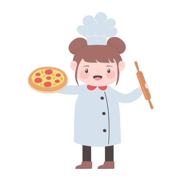 Chef lány pizza és görgős pin rajzfilm karakter elszigetelt ikon design — Stock Vector