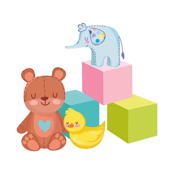 Toys object for small kids to play cartoon, duck elephant teddy bear and cubes — Stock Vector