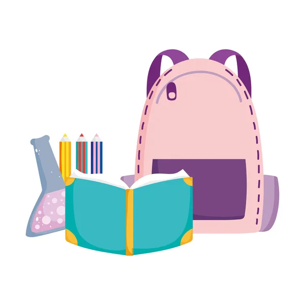 Назад до школи, книга рюкзака пробірка та олівці початкова освіта мультфільм — стоковий вектор