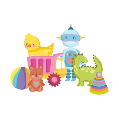 Oyuncak, küçük çocukların çizgi filmdeki robot dinozor tavşan topu davul ve ayı oynamalarına karşı.