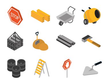 İzometrik tamir aleti ve ekipman merdiveni karıştırıcı beton kürek toprak kürek çekiç düz biçim simgeleri ayarlandı
