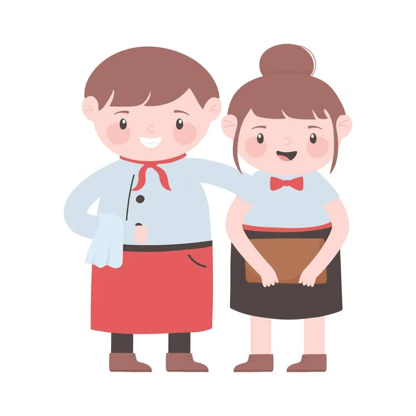 Waiter and waitress with apron and menu cartoon character — Stock Vector