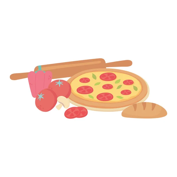 Comida pizza fresca pan tomate pimienta icono diseño fondo blanco — Vector de stock