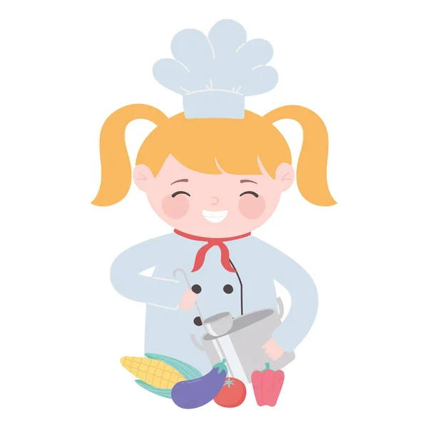 Chef fille préparation pot louche et légumes personnage de dessin animé — Image vectorielle