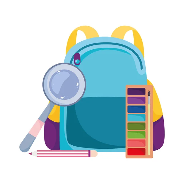 Powrót do szkoły, torba paleta kolorów ołówek i lupa elementarna edukacja kreskówka — Wektor stockowy