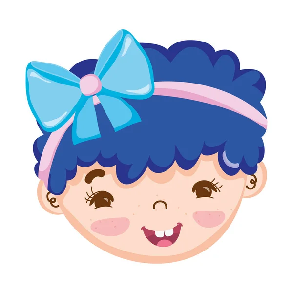 Sweet little girl face blue hair with ribbon isolated icon design white background — Stock Vector