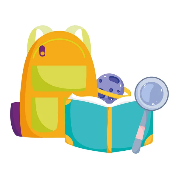 Powrót do szkoły, plecak książki planety i lupa elementarnej kreskówki edukacyjnej — Wektor stockowy