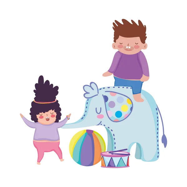 Іграшковий об'єкт для маленьких дітей, щоб грати в мультфільм, дівчинка і хлопчик грають зі слоном барабаном і м'ячем — стоковий вектор