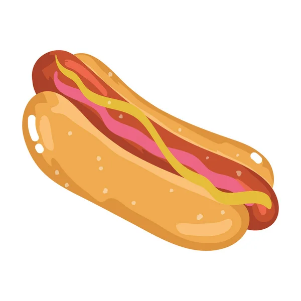 Fast food hot dog μουστάρδα κινουμένων σχεδίων απομονωμένο εικονίδιο λευκό φόντο — Διανυσματικό Αρχείο