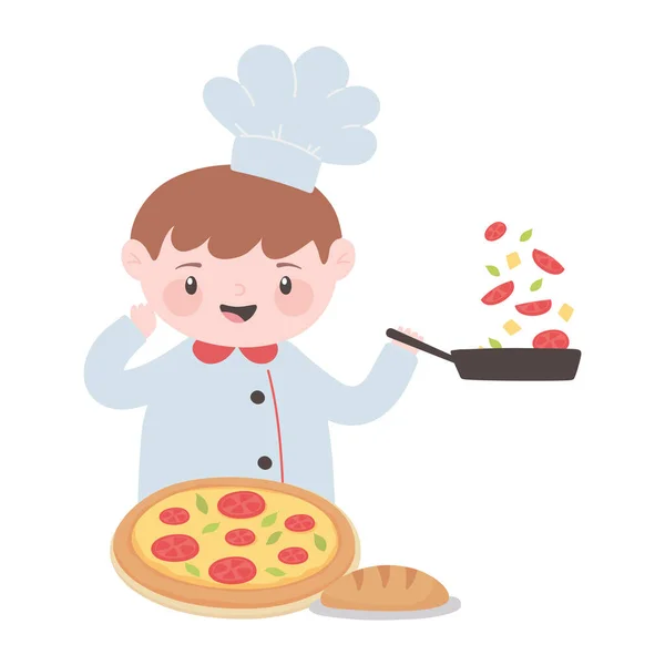 Séf fiú zöldségekkel pizza és kenyér rajzfilm karakter — Stock Vector