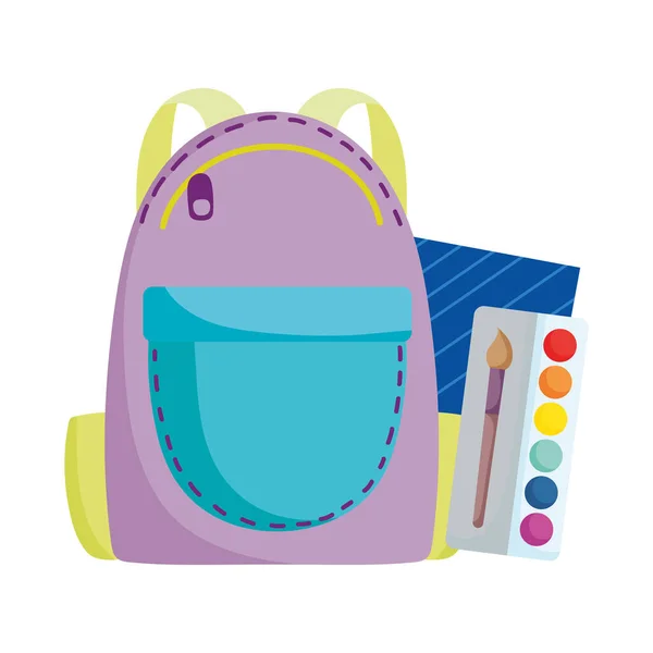 Retour à l'école, palette de couleurs de sac à dos et caricature d'éducation élémentaire pour ordinateur portable — Image vectorielle