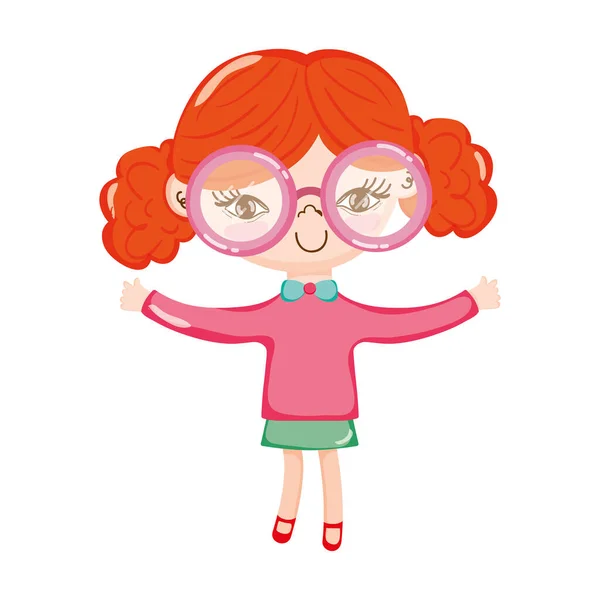 Pequena menina bonito com óculos grandes desenhos animados isolado ícone design fundo branco — Vetor de Stock