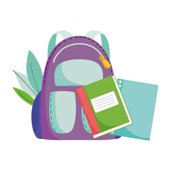 Voltar para a escola, mochila e livros desenhos animados educação elementar — Vetor de Stock