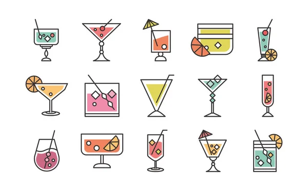 Cocktail icône boisson liqueur rafraîchissant alcool verre tasses fête icônes ensemble — Image vectorielle