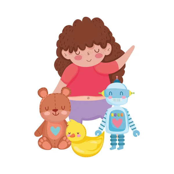 Brinquedos objeto para crianças pequenas para jogar desenhos animados, menina bonito com ursinho de pelúcia robô e pato —  Vetores de Stock