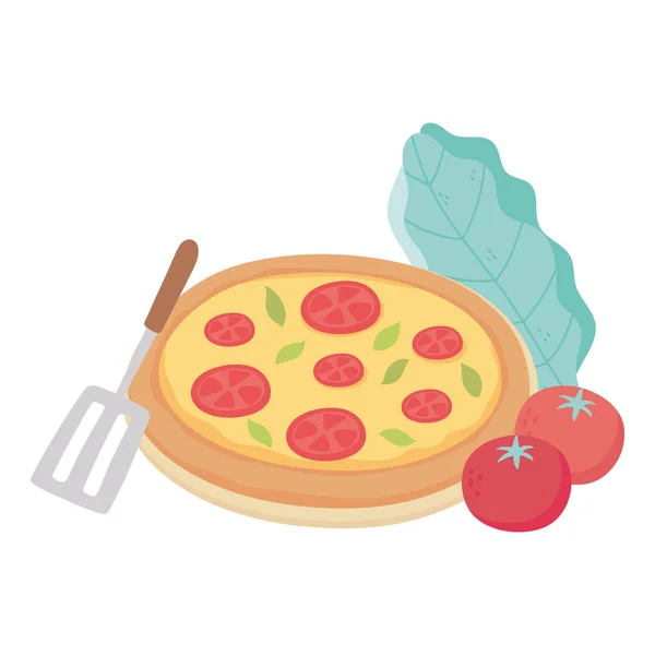 Élelmiszer friss pizza paradicsom és saláta izolált ikon tervezés fehér háttér — Stock Vector