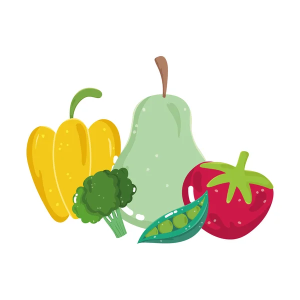 Alimentos legumes e pêra de frutas pimenta brócolis de tomate e menu de ervilhas ingrediente de dieta fresca —  Vetores de Stock