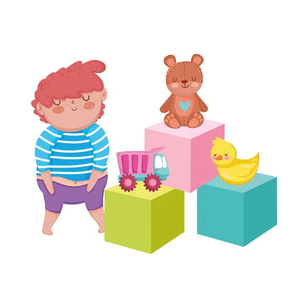 Іграшковий об'єкт для маленьких дітей, щоб грати в мультфільм, маленький хлопчик з вантажівкою качки і кубиками — стоковий вектор