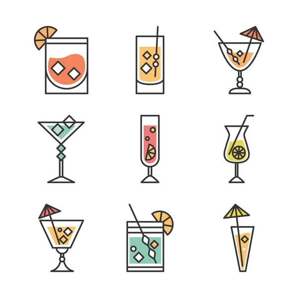 Cocktail Ikone trinken Schnaps erfrischende Alkohol Glas Tassen Kalk Sonnenschirm Eis Ikonen Set — Stockvektor