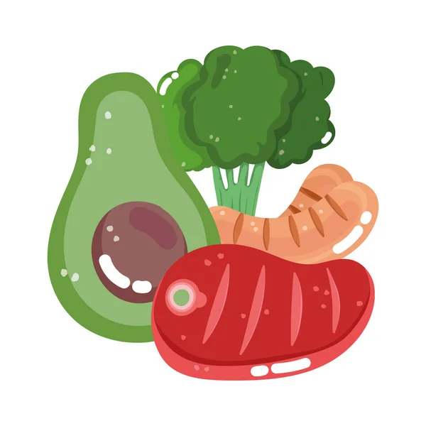 Mat grönsak meny färsk kost ingrediens skiva avokado korv broccoli och kött — Stock vektor