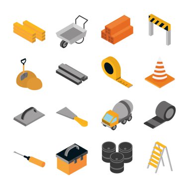 İzometrik tamir işi aracı ve ekipman ahşap el arabası bariyeri tornavida varilleri düz stil ikonlar
