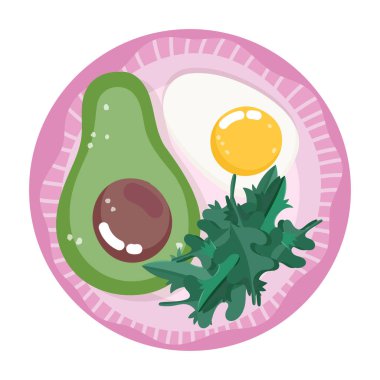 Yemek menüsü taze çizgi film avokado sahanda yumurta ve ıspanak yaprakları.