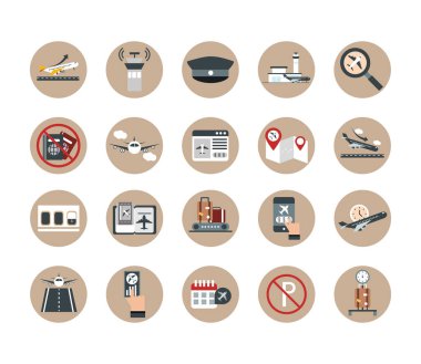 Havaalanı taşımacılığı terminali turizmi veya iş uçağı pencere pasaport uçağı şapka haritası bavullar blok ve düz biçim simgeleri