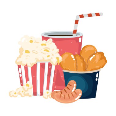 Fast food menüsü restoranı sağlıksız tavuk patlamış mısır sosis ve soda.