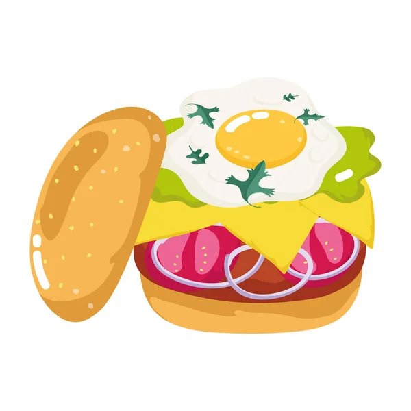 Snabbmat hamburgare med ägg ost tomater isolerad ikon vit bakgrund — Stock vektor