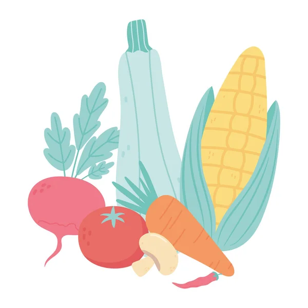 Їжа свіжий кукурудзяний перець морква помідор редька кабачки ізольовані іконка дизайн білий фон — стоковий вектор